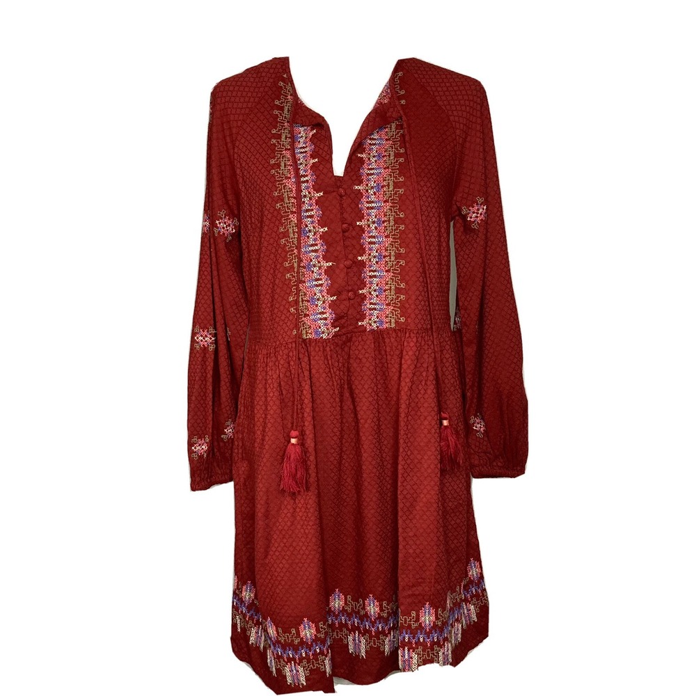 Knox Rose Dress Med Red Boho Embroidered Bodice Hem Tassel Tie Neckline Pockets